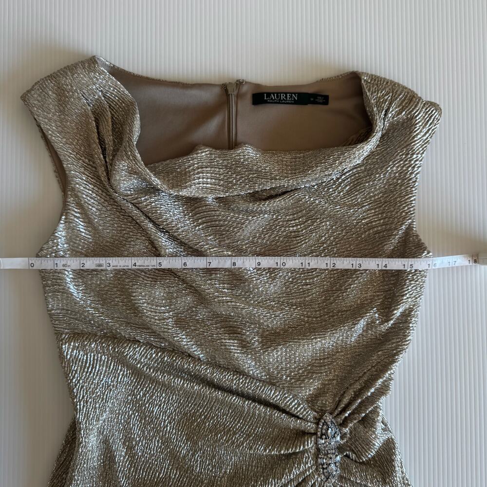 Lauren Ralph Lauren Gold Metallic Cowl Neck Ruched Dress 6 Wedding Guest Event - Picture 7 of 16
